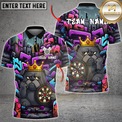 Graffiti-style darts shirt featuring a cartoon bulldog with a crown, holding a dartboard. Urban background with vibrant neon colors.