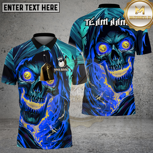 Maxcorners Fiery Skull Bowling Shirt Inferno Skull With Glowing Eyes Multicolor Options Personalized Name Team Name 3D Shirt (4 Colors)