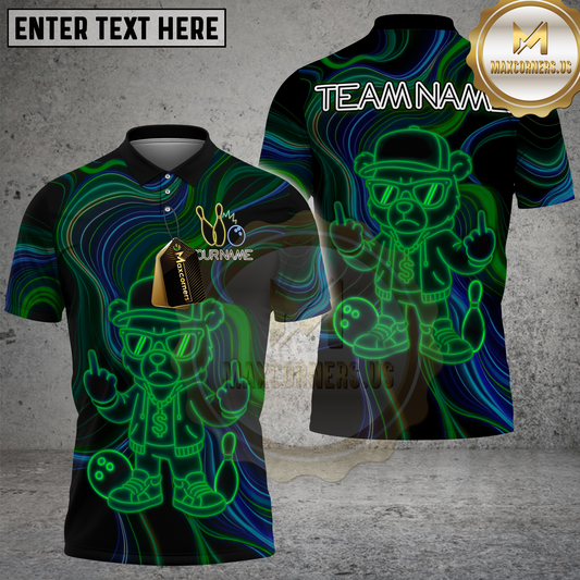Maxcorners Bowling Neon Rapper Bear Multicolor Options Personalized Name, Team Name 3D Shirt (4 Colors)