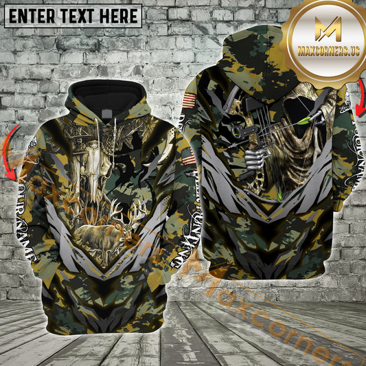 Maxcorners Hunting Hoodie Grim Reaper Bowhunter Skull Deer Camo Multioptions Custom Name Shirt 3D All Over Printed Clothes