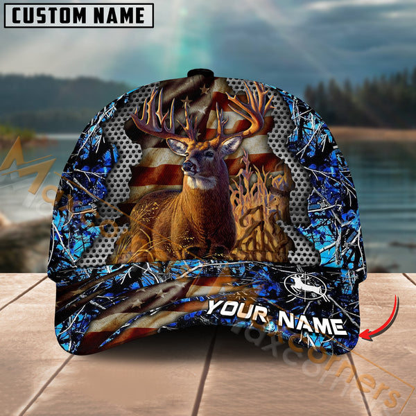 Maxcorners Deer Hunting American Flag Camo Multicolor Options Personalized Name 3D Cap