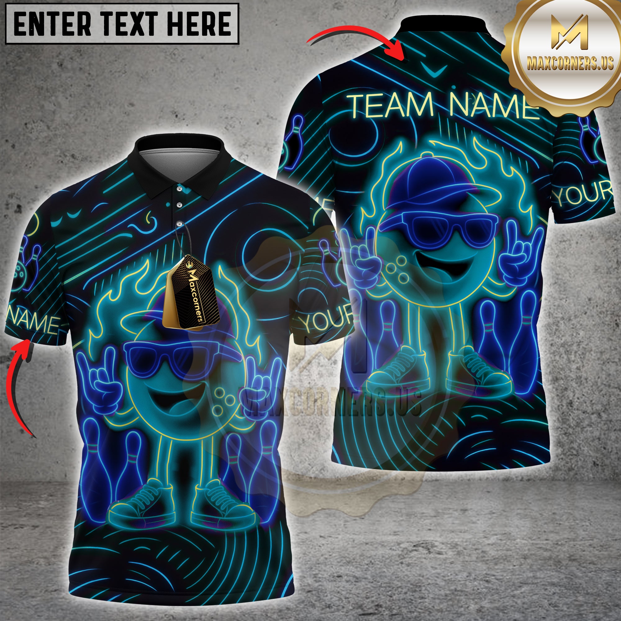 Hyperpop bowling shirt with flaming neon cartoon bowling ball, Rock n' Roll style, multicolor options, personalized name and team name, 3D unisex shirt