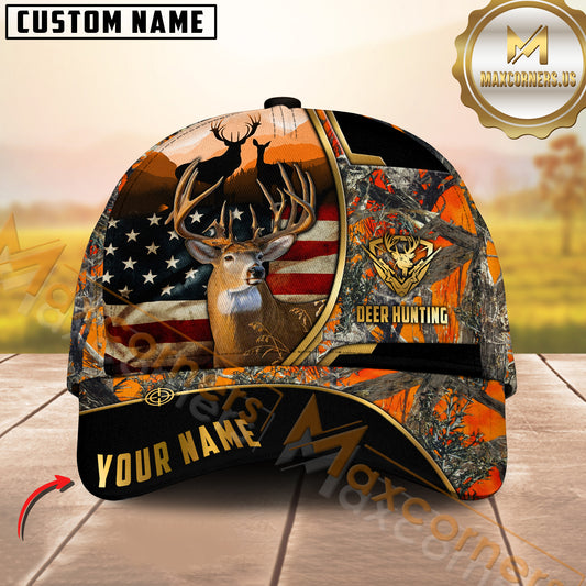 Maxcorners Deer Hunting American Flag Version Golden Line Pattern Multicolor Personalized Name 3D Cap (6 colors)