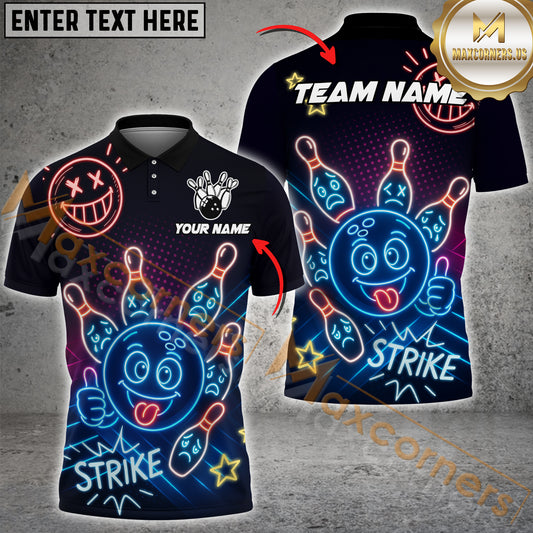 Maxcorners Neon Bowling Ball Strike Funny Multicolor Options Personalized Name, Team Name 3D Shirt (4 Colors)