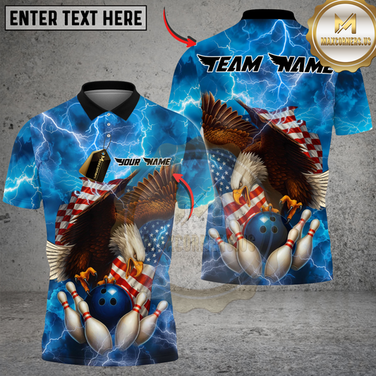 Maxcorners Eagle Lightning Bowling Ball American Flag Multicolor Options Personalized Name, Team Name 3D Shirt (4 Colors)
