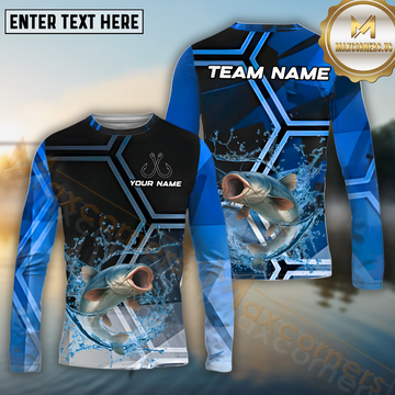 Maxcorners Catfish Fishing Blue Ocean Pattern Pattern Sport Jersey Personalized Name, Team Name Long Sleeve Shirt
