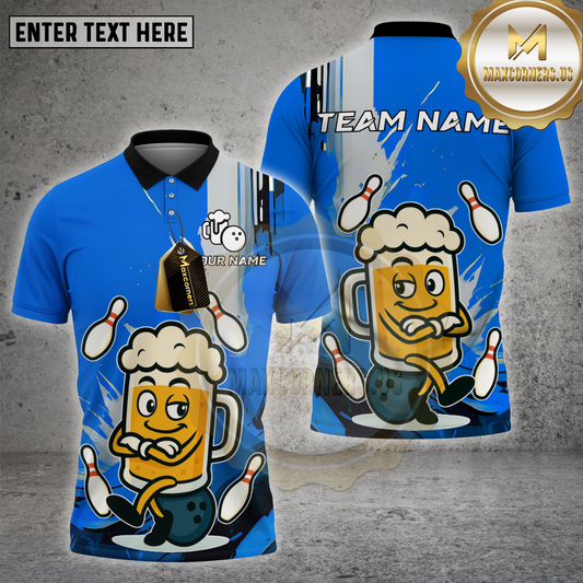 Maxcorners Bowling Shirt Confident Beer Mug Yellow Grunge Style Multicolor Options Personalized Name, Team Name 3D Shirt (4 Colors)