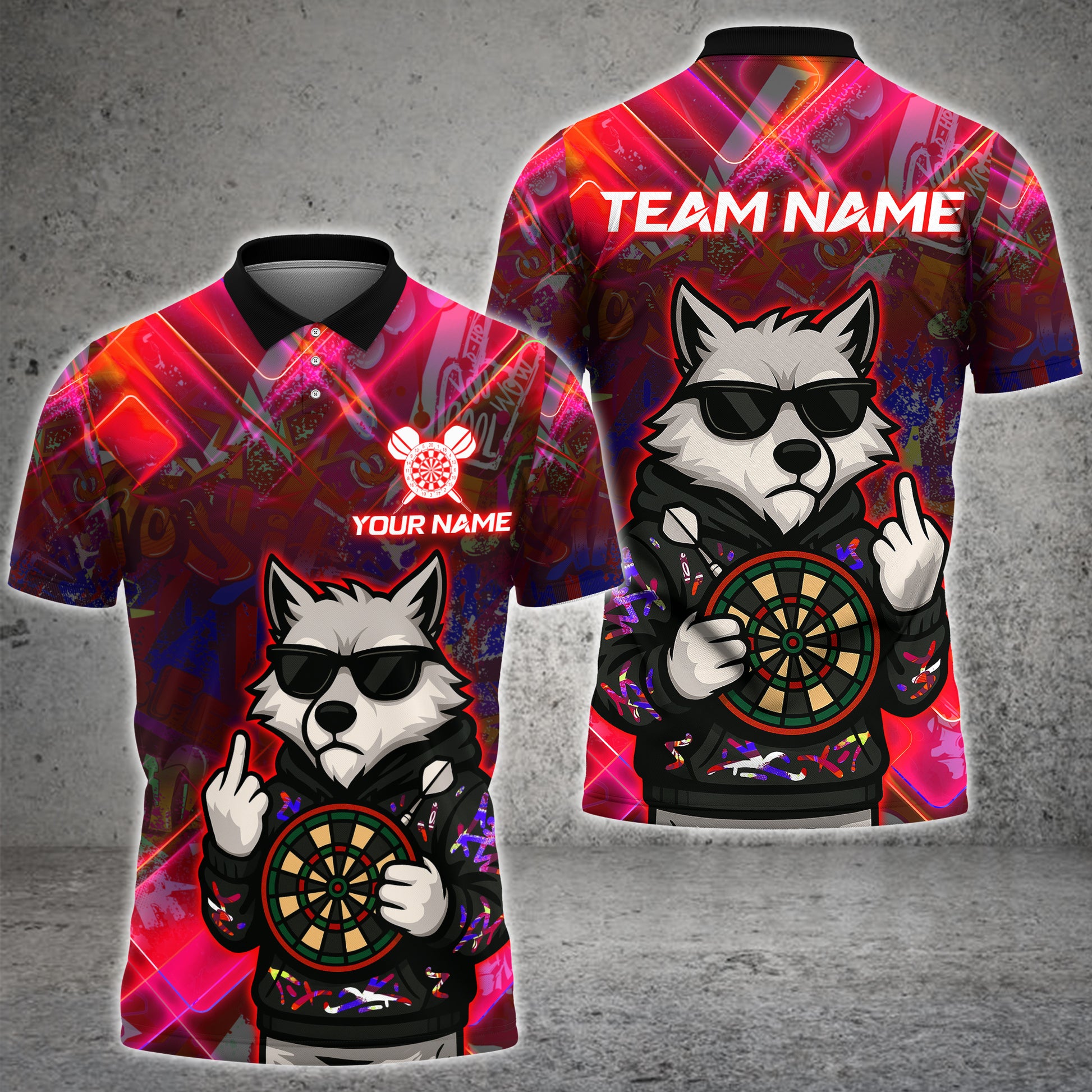 Graffiti-style wolf dart shirt with fierce artwork – custom name and team 3D design in multicolor options