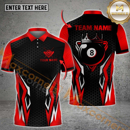 Maxcorners Billiards Shirt – Crown 8 Ball Design, Multicolor Options Personalized Name, Team Name 3D Shirt (4 Colors)