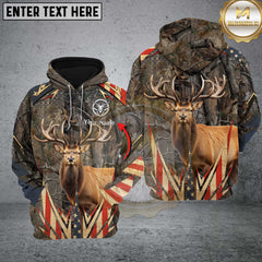 Maxcorners Elk Hunting Antler Grass Brown Camo Forest USA Flag Pattern Custom Name Shirt 3D All Over Printed Clothes