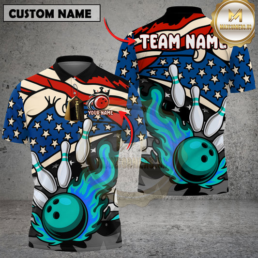 Maxcorners Bowling Shirt Flame Ball Explosion USA Flag Multicolor Options Personalized Name, Team Name Unisex 3D Shirt (4 Colors)