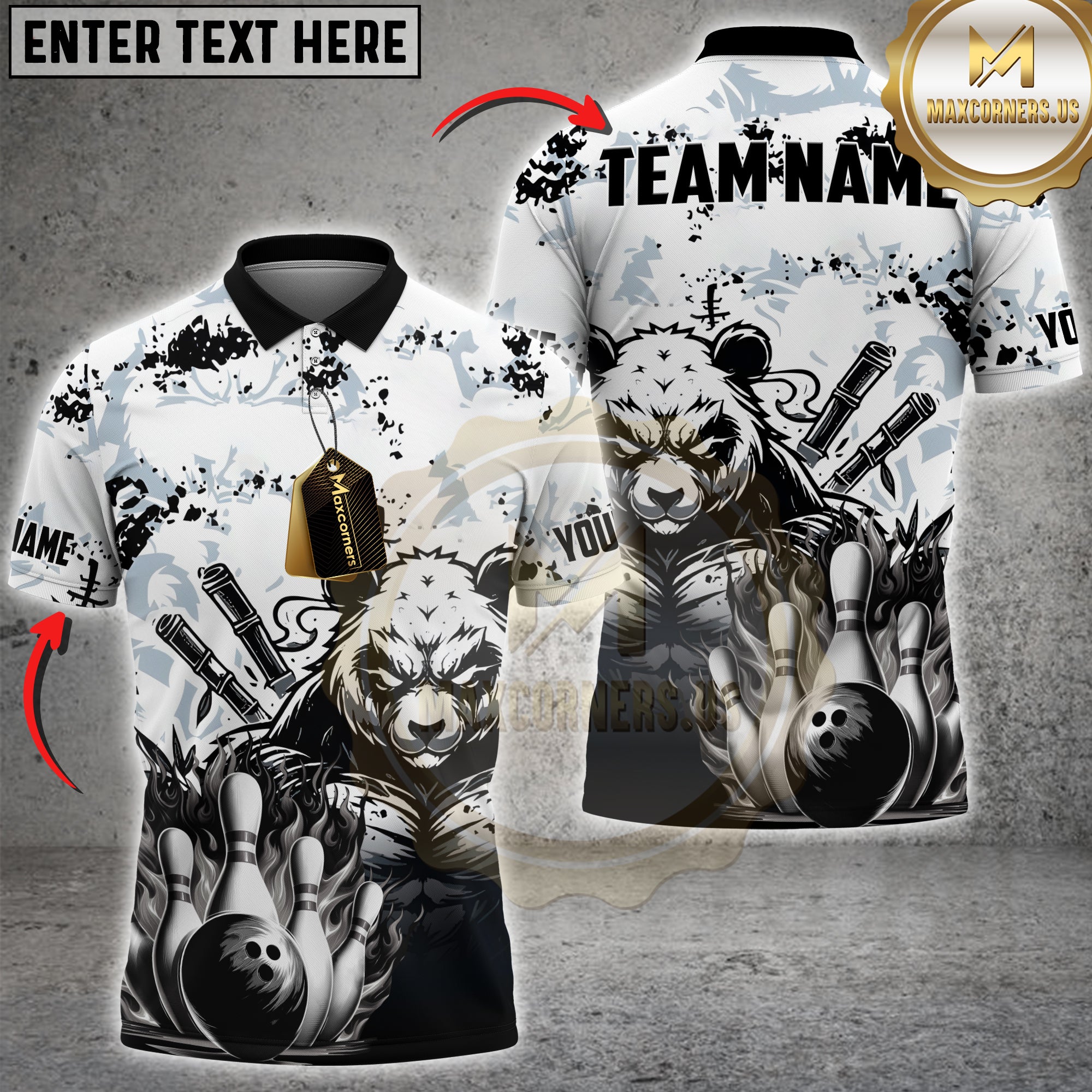 Bowling Bear Shirt Custom Name – Panda with Flaming Bowling Pins and Ball 3D Strike Design Jersey
