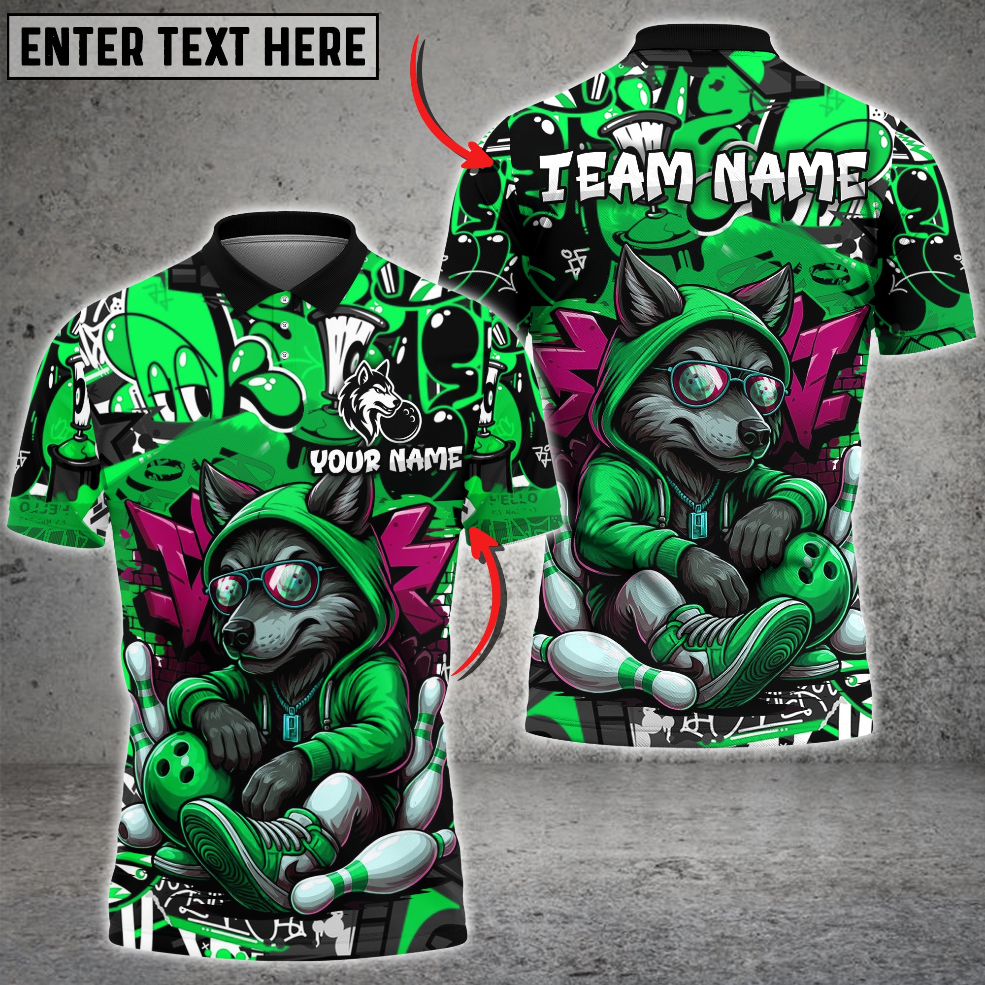 Urban streetwear bowling shirt with a graffiti background, featuring a relaxed cartoon wolf in a red hoodie holding a bowling ball.