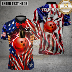 Maxcorners Bowling Shirt American Flag Red Bowling Ball Lightning Personalized Name, Team Name 3D Shirt
