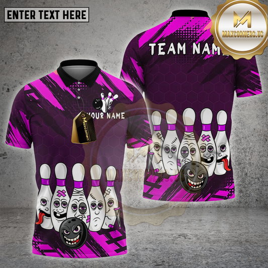 Maxcorners Bowling Horror Pins Face Expression Multicolor Options Personalized Name, Team Name 3D Shirt (4 Colors)