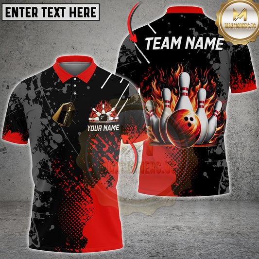 Maxcorners Bowling Shirt Flame Ball & Pin Splash Design Multicolor Options Personalized Name, Team Name 3D Shirt (4 Colors)