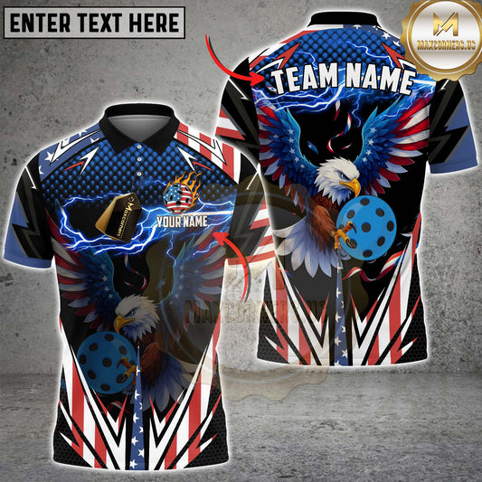 Maxcorners Pickleball Shirt American Bald Eagle Pickleball Lightning USA Flag Style Personalized Name, Team Name Unisex 3D Shirt