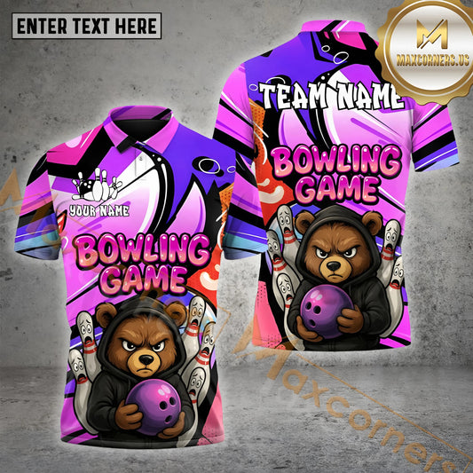 Maxcorners Angry Bear Bowling Multicolor Options Personalized Name, Team Name 3D Shirt (4 Colors)