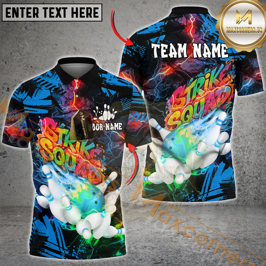 Maxcorners Bowling Shirt Strike Squad Lightning Pop Multicolor Options Personalized Name, Team Name 3D Shirt (4 Colors)