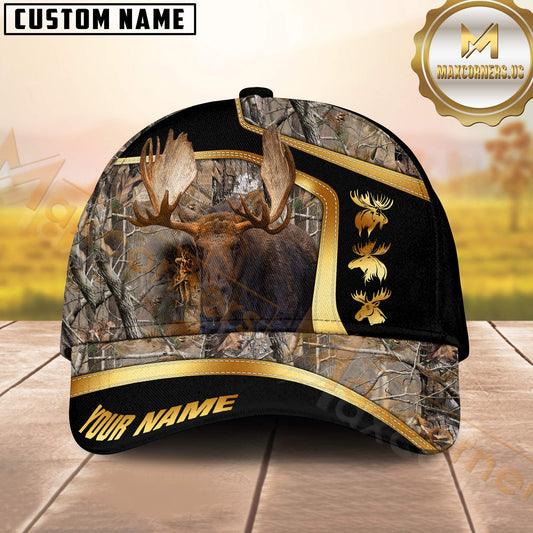 Maxcorners Moose Hunting Cap Golden Line Camo Forest Personalized Name 3D Cap (6 Colors)