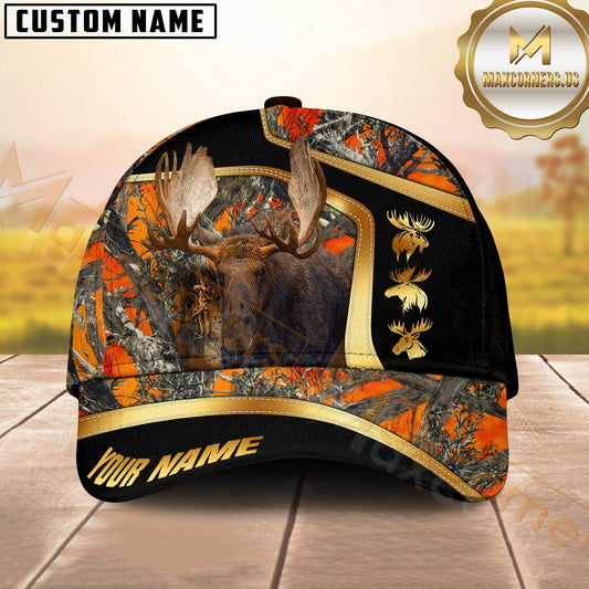 Maxcorners Moose Hunting Cap Golden Line Camo Forest Personalized Name 3D Cap (6 Colors)