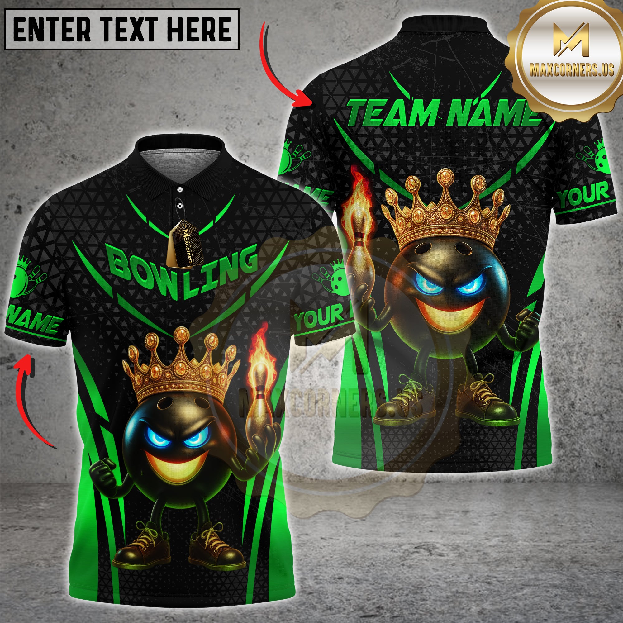 Black and gold bowling shirt with a cartoon king bowling ball holding a flaming pin, wearing a golden crown.