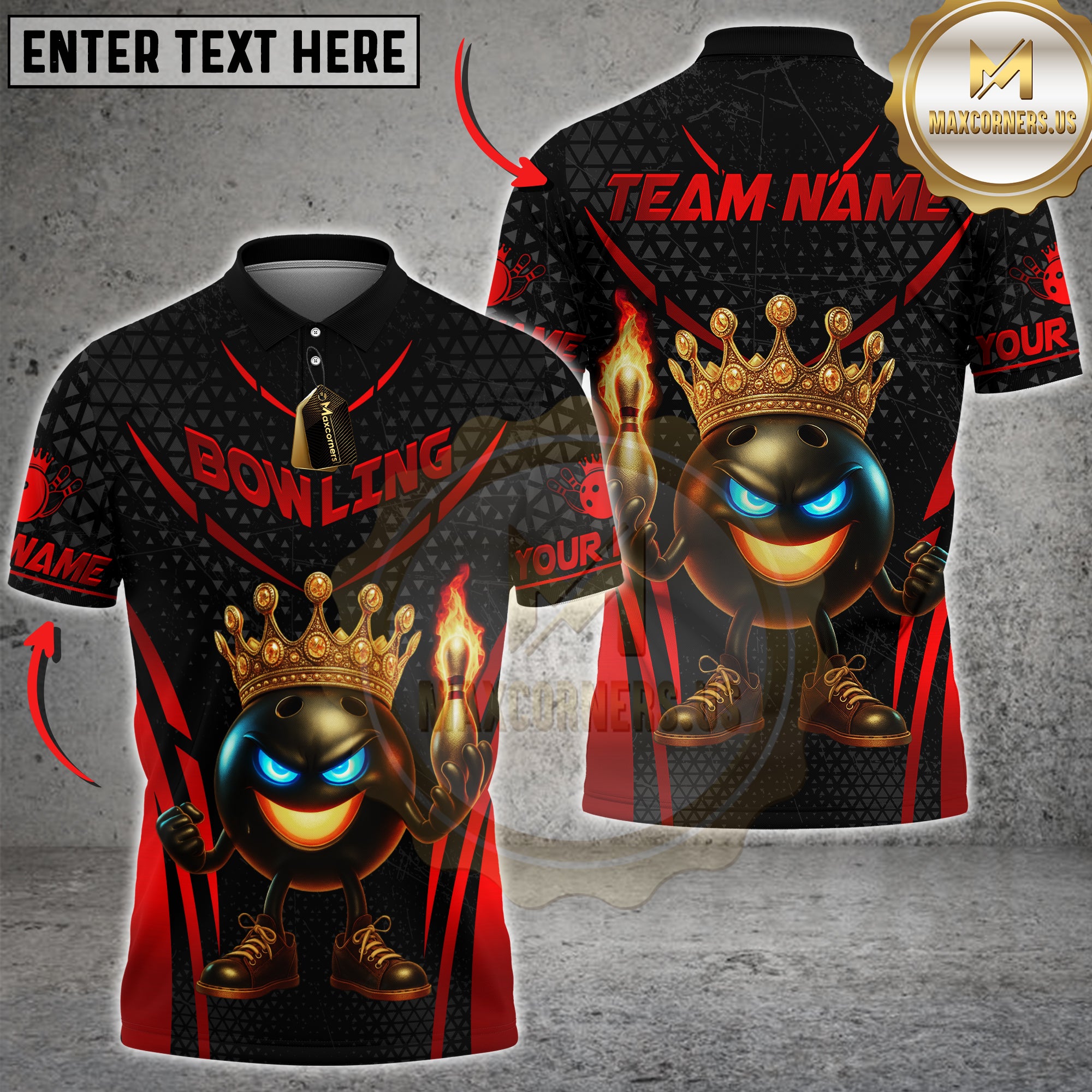Black and gold bowling shirt with a cartoon king bowling ball holding a flaming pin, wearing a golden crown.