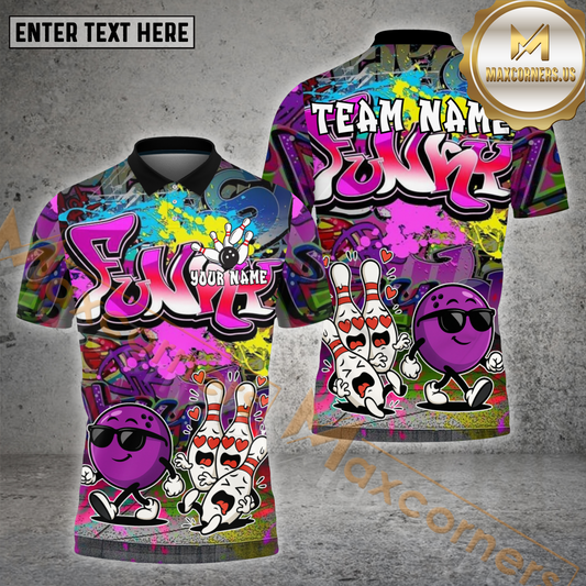 Maxcorners Bowling Shirt Funky Love Ball Cool Graffiti Style Multicolor Options Personalized Name, Team Name 3D Shirt (4 Colors)