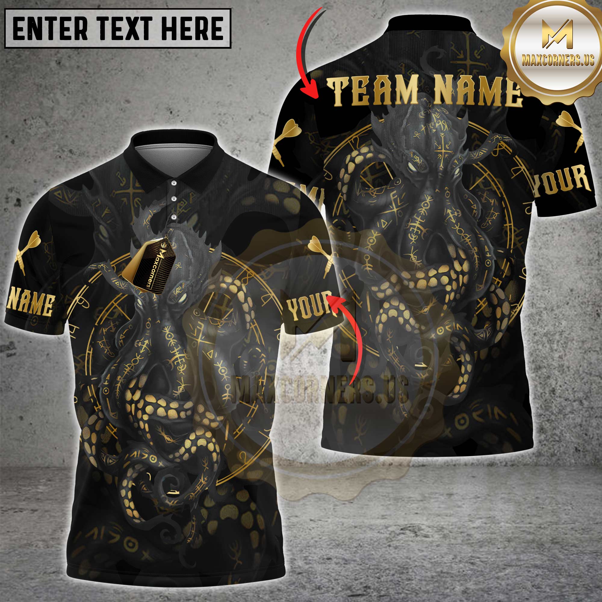 Dark fantasy darts shirt with a golden octopus and runic circle symbols. Black and gold mystical pattern with glowing eyes.
