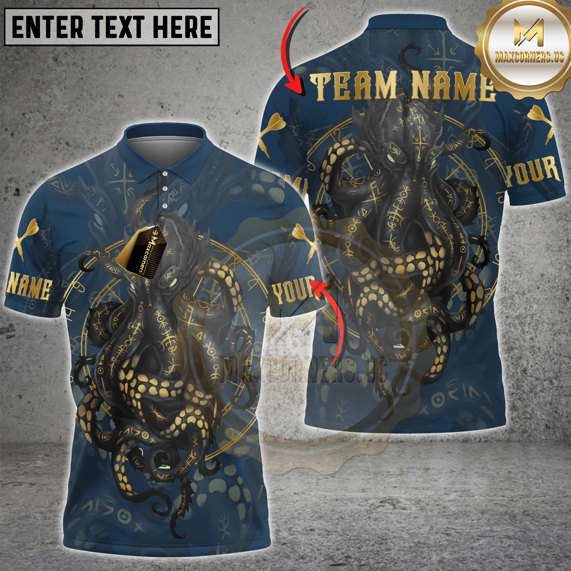 Dark fantasy darts shirt with a golden octopus and runic circle symbols. Black and gold mystical pattern with glowing eyes.