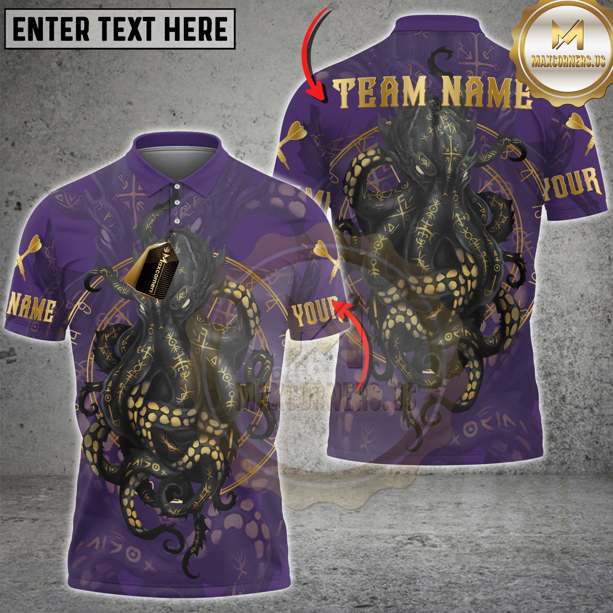 Dark fantasy darts shirt with a golden octopus and runic circle symbols. Black and gold mystical pattern with glowing eyes.