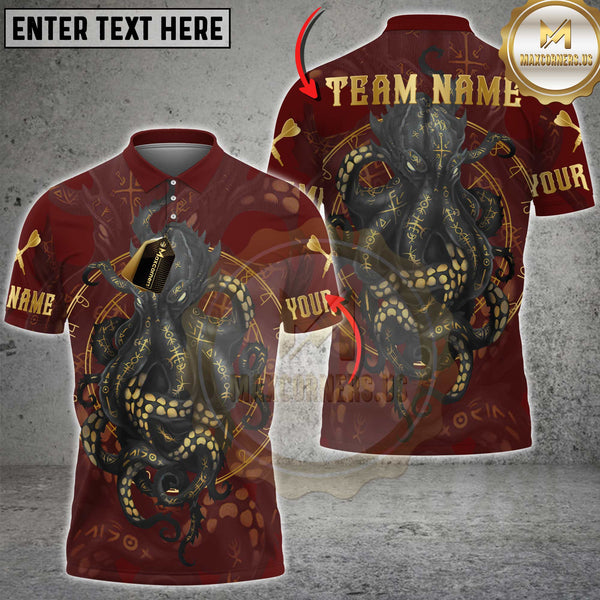 Dark fantasy darts shirt with a golden octopus and runic circle symbols. Black and gold mystical pattern with glowing eyes.