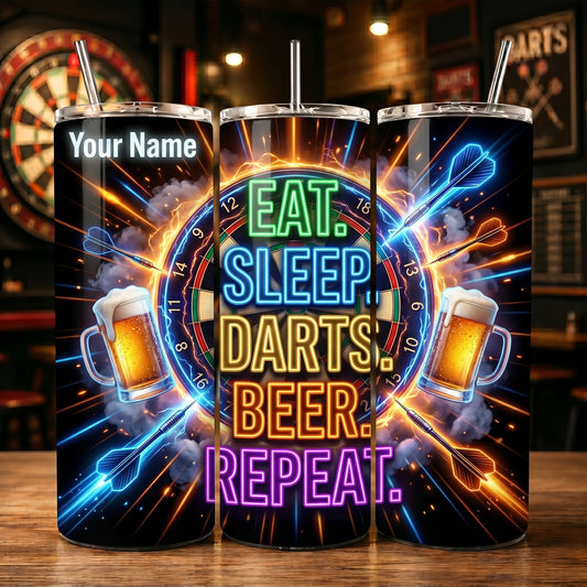 Maxcorners Darts Neon Funny Quote Eat Sleep Darts Beer Repeat Personalized Name 3D Cup