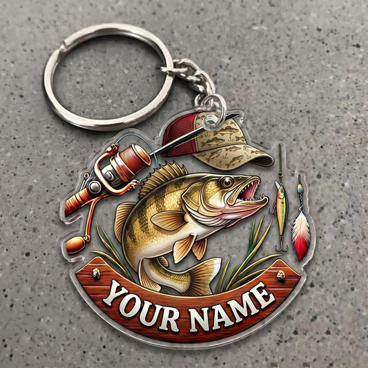 Maxcorners Walleye Fishing Rustic Tackle Badge Personalized Name 3D Keychain And Ornament