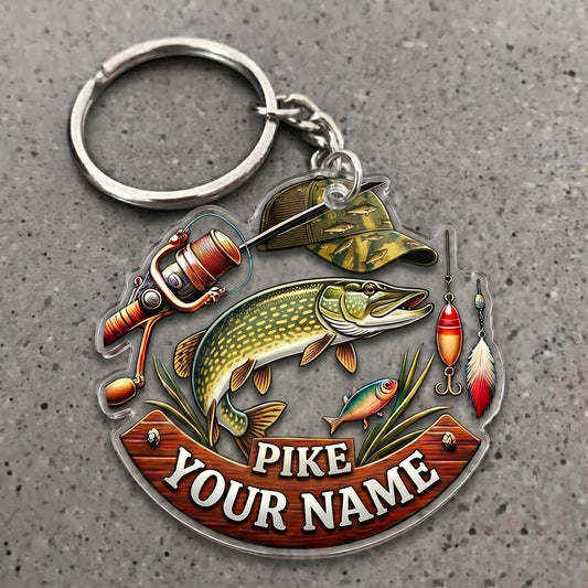 Maxcorners Pike Fishing Rustic Tackle Badge Personalized Name 3D Keychain And Ornament