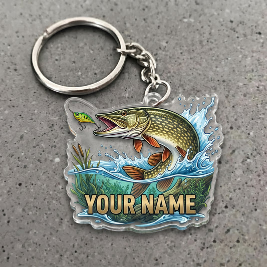 Maxcorners Pike Fishing Jumping Water Splash Personalized Name 3D Keychain And Ornament