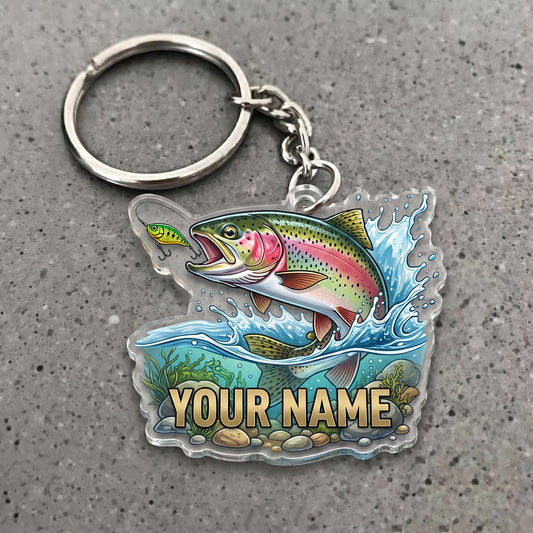 Maxcorners Trout Fishing Jumping Water Splash Personalized Name 3D Keychain And Ornament