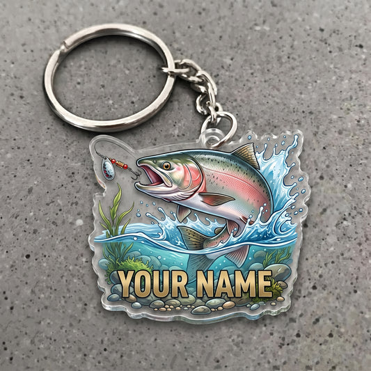 Maxcorners Salmon Fishing Jumping Water Splash Personalized Name 3D Keychain And Ornament