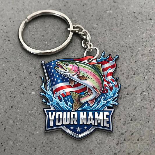 Maxcorners Trout Fishing American Flag Splash Personalized Name 3D Keychain And Ornament