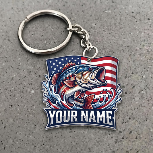 Maxcorners Bass Fishing American Flag Splash Personalized Name 3D Keychain And Ornament