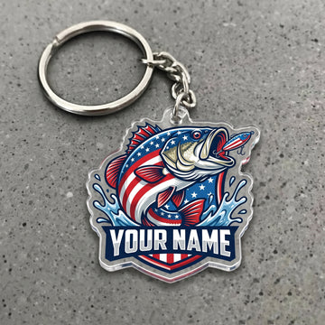 Maxcorners Patriotic Largemouth Bass Fishing USA Flag Personalized Name 3D Keychain And Ornament
