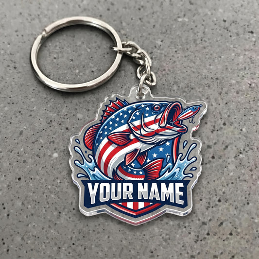 Maxcorners Patriotic Largemouth Bass Fishing USA Flag Personalized Name 3D Keychain And Ornament