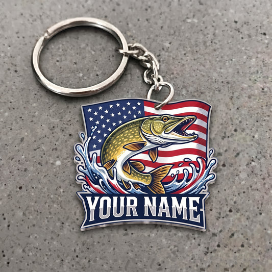 Maxcorners Pike Fishing American Flag Splash Personalized Name 3D Keychain And Ornament