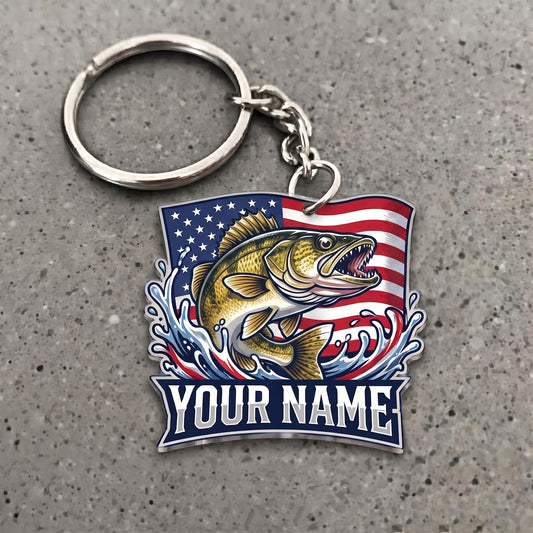 Maxcorners Walleye Fishing American Flag Splash Personalized Name 3D Keychain And Ornament