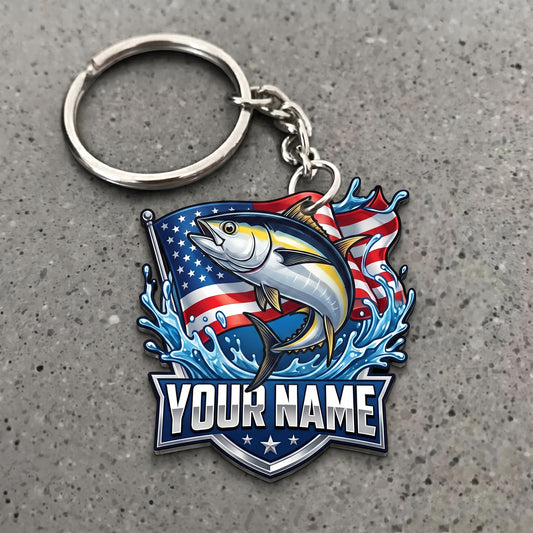 Maxcorners Tuna Fishing American Flag Splash Personalized Name 3D Keychain And Ornament