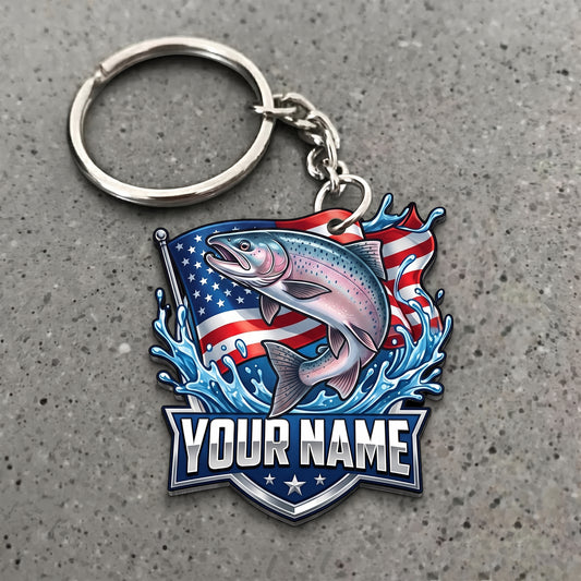 Maxcorners Salmon Fishing American Flag Splash Personalized Name 3D Keychain And Ornament