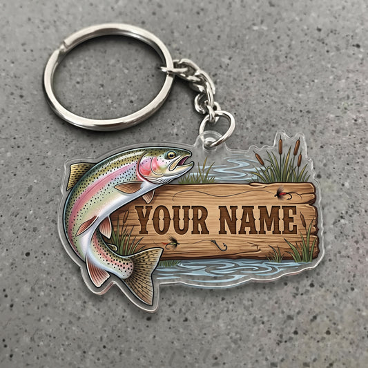Maxcorners Trout Fishing Lake Wooden Sign Personalized Name 3D Keychain And Ornament
