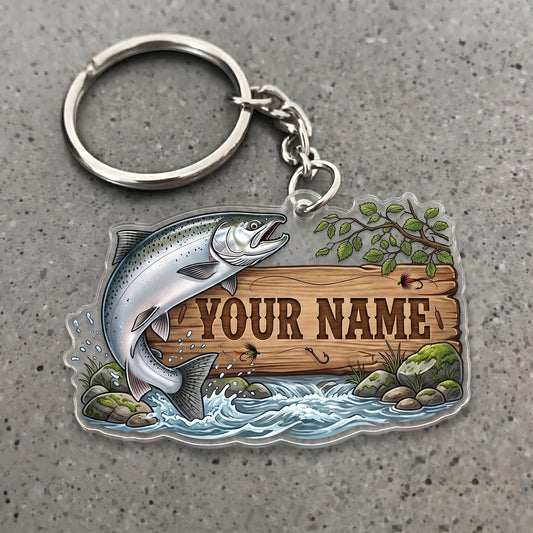 Maxcorners Salmon Fishing Lake Wooden Sign Personalized Name 3D Keychain And Ornament
