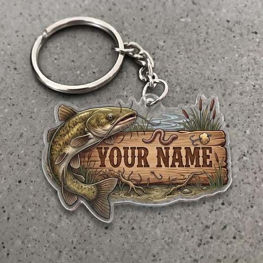 Maxcorners Catfish Fishing Lake Wooden Sign Personalized Name 3D Keychain And Ornament