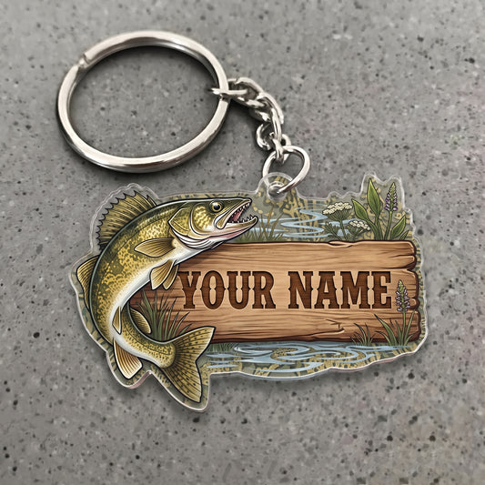 Maxcorners Walleye Fishing Lake Wooden Sign Personalized Name 3D Keychain And Ornament